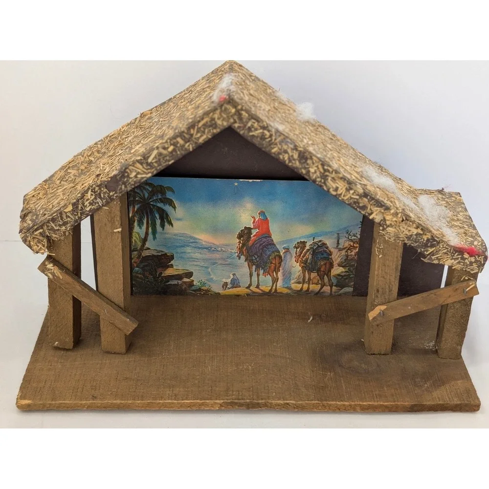Vintage Nativity Set Hand Painted Paper Mache Italy Creche Stable Manger 14 Pcs